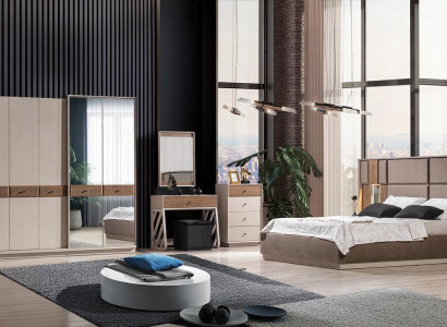 Beiges Schlafzimmer-Set Designer Doppelbett Schminktisch Kommode 7tlg